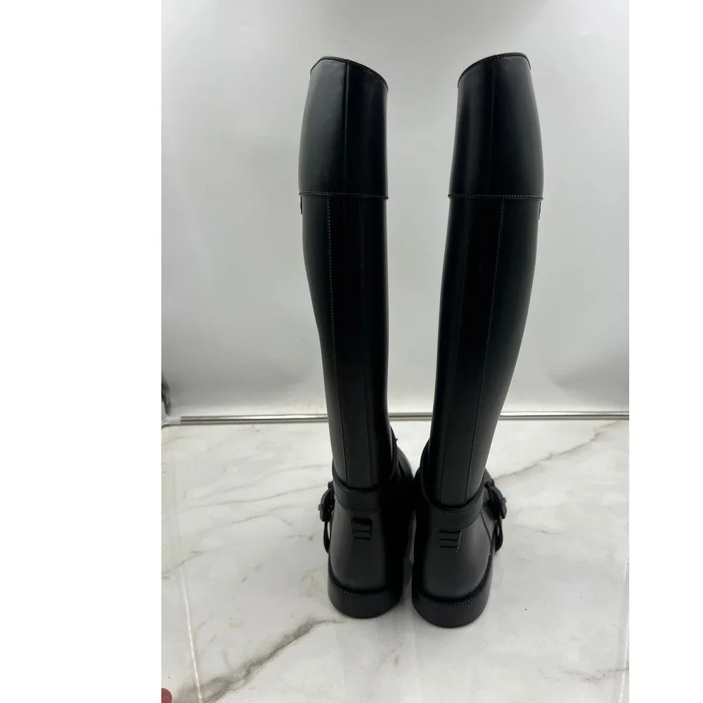 GIVENCHY Rain Boots Womens Sz 10 Tall Black Rubber Wellies Made in Italy Lace Up